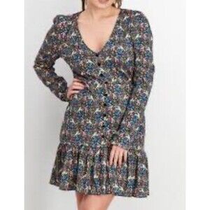 Asos Curve Women Floral Button Detail Long Sleeve Mini Dress, Blue Combo 14